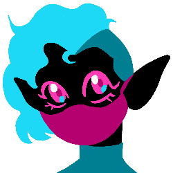 A headshot image of a black-skinned, pink-eyed, blue-haired, pointy-eared person wearing a face mask.